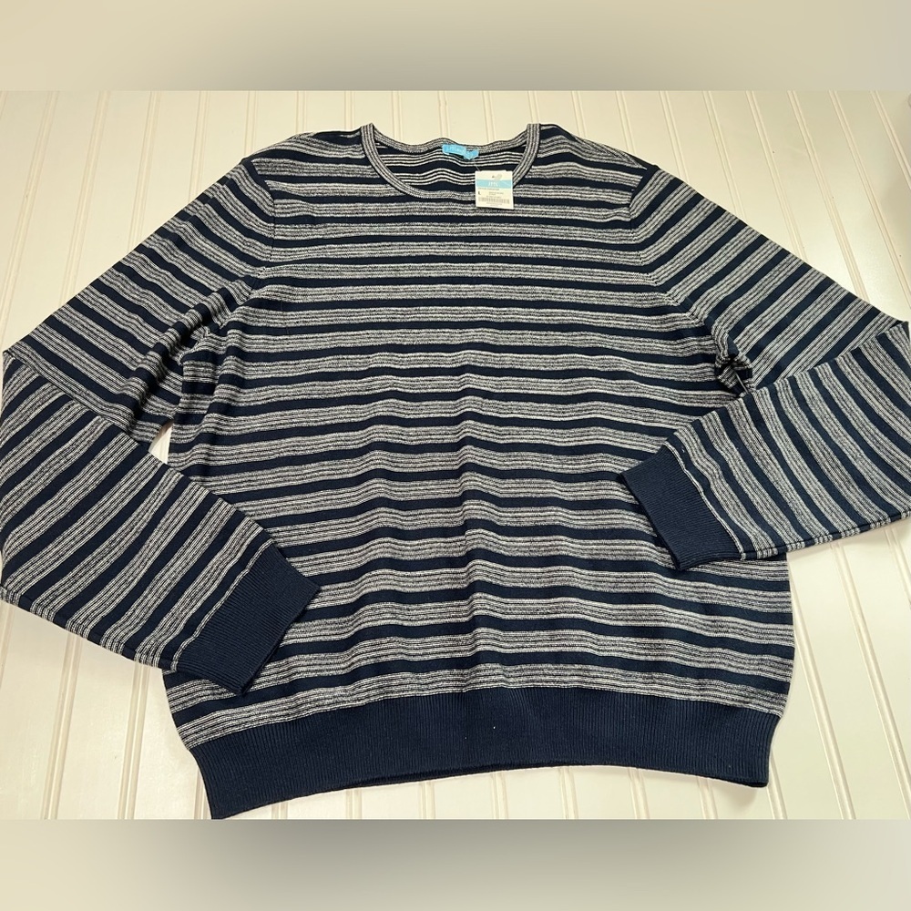 J.McLaughlin Cryus Sweater Mens Large Blue Knit Striped Crewneck Cotton NEW. 827